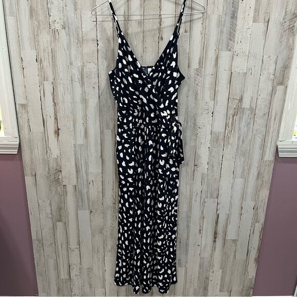 New! Mia & Tess Navy Blue Polka Dot Crop Leg Jumpsuit Waist Tie Womens Small - Picture 1 of 8